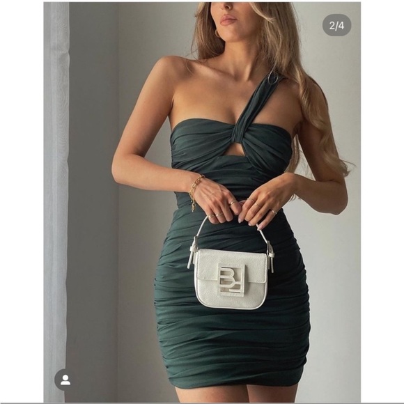 NWT Zara ASYMMETRICAL neckline LINEN BLEND DRESS green ruching mini - Picture 7 of 14